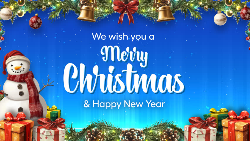 merry christmas and happy new year greeting card with decoration border frames, snowman, presents or gifts, snow fall