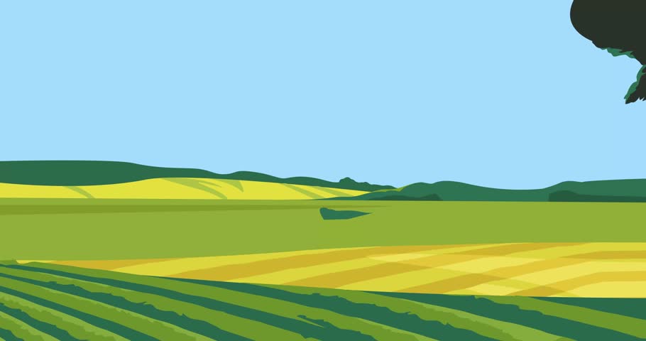 Farm landscape. Moving banner with beautiful agricultural village scenery with fields, tractor and barn. Rural or countryside panorama. Harvest season. Cartoon flat animated graphics