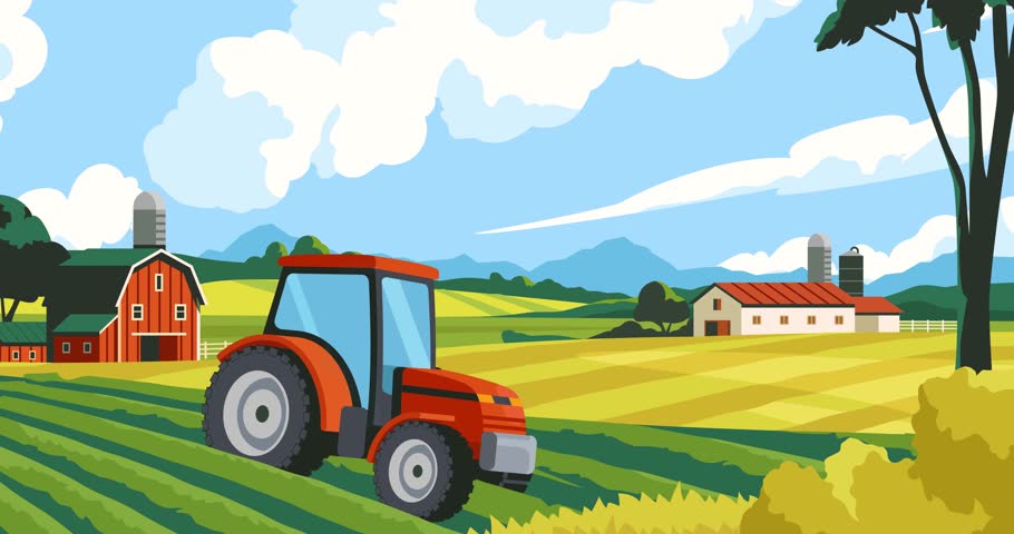 Farm landscape. Moving banner with beautiful agricultural village scenery with fields, tractor and barn. Rural or countryside panorama. Harvest season. Cartoon flat animated graphics