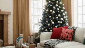 A beautifully decorated and inviting living room that showcases a Christmas tree and a warm, cozy fireplace ambiance. 3d animation. 3D Illustration - Powered by Shutterstock - Get 15% off with code: PIKWIZARD15