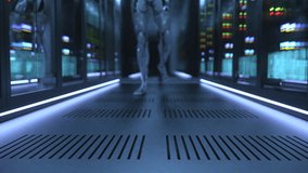 A sleek, humanoid robot strides confidently down the corridor of a vast data center, its glowing eyes scanning the rows of servers that line the walls.  - Powered by Shutterstock - Get 15% off with code: PIKWIZARD15