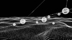 Animation of network of connections with icons over binary coding mesh on black background. Global networks, connections, computing and data processing concept digitally generared video. - Powered by Shutterstock - Get 15% off with code: PIKWIZARD15