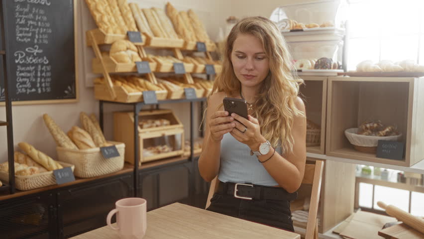 Young woman celebrating in a bakery shop while using smartphone, surrounded by fresh bread and pastries on display.