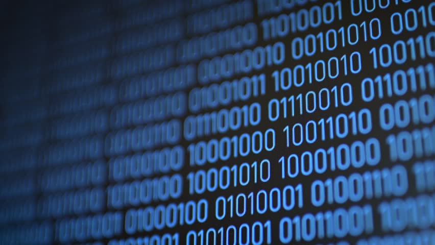 Close up of computer screen with blue 0 and 1 digits moving on black background. Flow of information using binary code, programming, coding concept