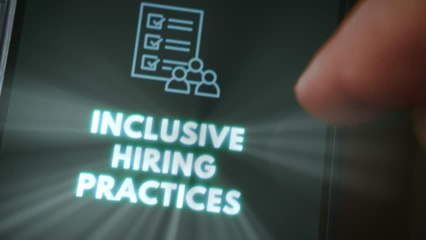 Inclusive Hiring Practices themed graphic presentation viewed on smartphone