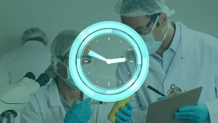 Animation of moving clock over caucasian male and female scientist in lab. Science, medicine and data processing concept digitally generated video. - Powered by Shutterstock - Get 15% off with code: PIKWIZARD15