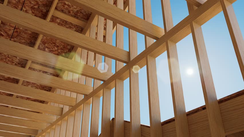 Construction of a frame house. Conceptual video of a frame house under construction. Wooden truss frame and wall against blue sky. 3d animation. 3D Illustration