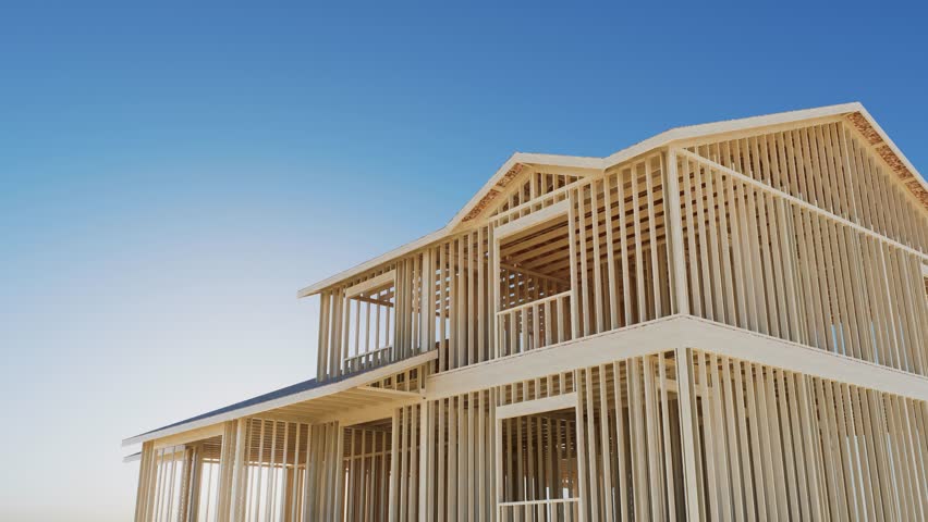 Construction of a frame house. Conceptual video of a frame house under construction. Wooden truss frame and wall against blue sky. 3d animation. 3D Illustration