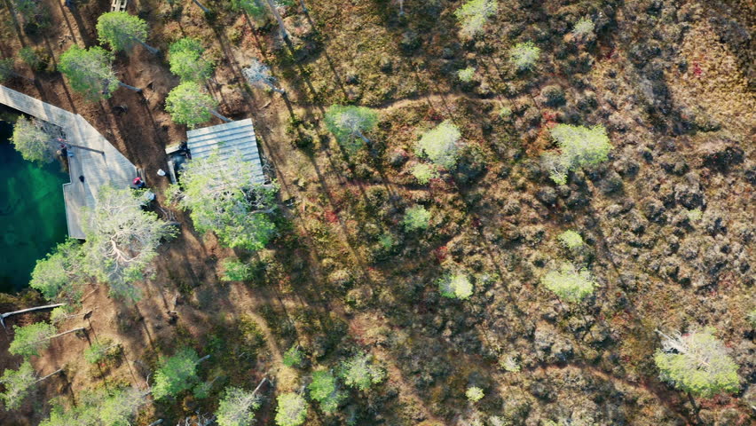 Top-Down Drone View of the Turquoise Clear-Water Pond, Grodkällan, In Arvidsjaur, Sweden