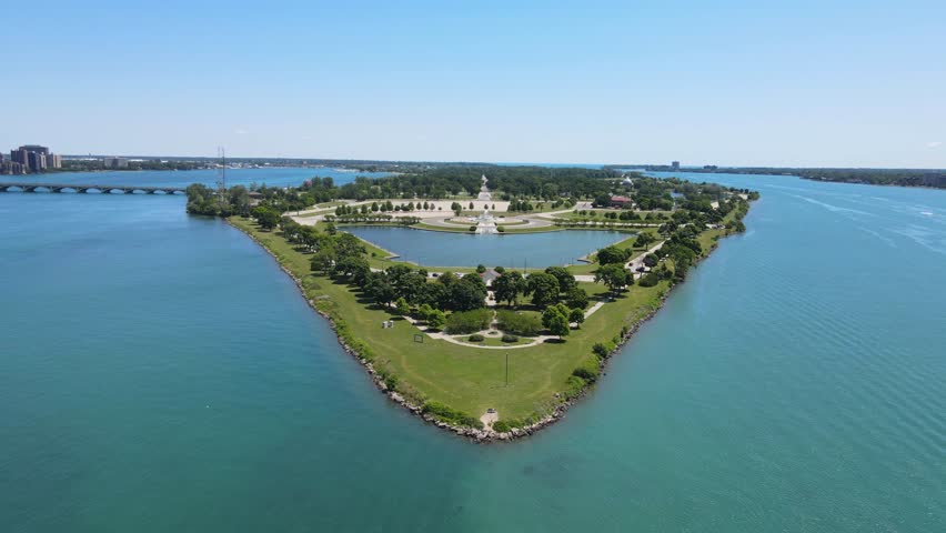 Belle Isle park, in the middle of the Detroit River, part of Detroit Michigan, USA, aerial view