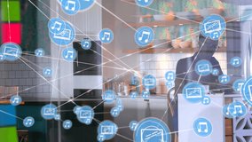 Animation of network of connections with icons over biracial man in kitchen. Global finance, business, connections, computing and data processing concept digitally generated video. - Powered by Shutterstock - Get 15% off with code: PIKWIZARD15