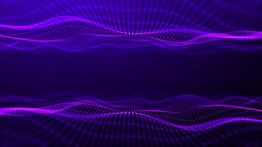 Abstract purple digital waves with light reflections on dark background. Purple cinematic intro animation. Shiny particle waves. Technology, space. 4k 60fps loop.