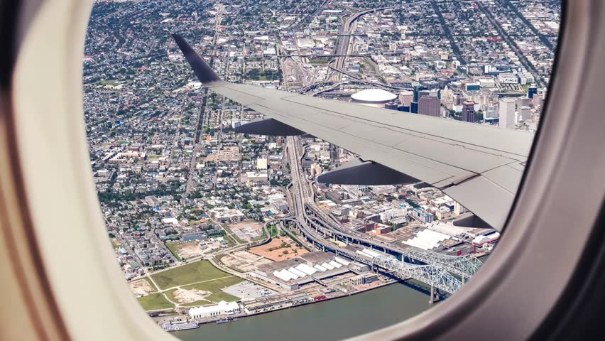 Panoramic aerial view of the city of New Orleans, Louisiana in the United States of America. Aerial view of the city of New Orleans, Louisiana. view through an airplane window