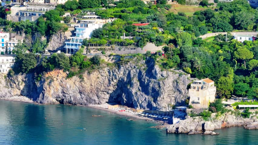 Panoramic view of Vietri sul Mare from Salerno, Italy, The Amalfitana is an Italian coastal road in the province of Salerno that leads from Meta di Sorrento to Vietri sul Mare, Beautiful view 