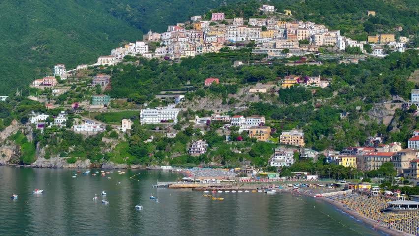 Panoramic view of Vietri sul Mare from Salerno, Italy, The Amalfitana is an Italian coastal road in the province of Salerno that leads from Meta di Sorrento to Vietri sul Mare, Beautiful view 
