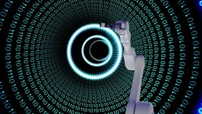 Animation of globe with binary coding and robot's arm. Global artificial intelligence, business, connections, computing and data processing concept digitally generated video. - Powered by Shutterstock - Get 15% off with code: PIKWIZARD15