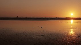 Silhouetted athletes run along the beach at sunset, creating dynamic reflections in the water. The scene captures the beauty of movement against a stunning evening backdrop - Powered by Shutterstock - Get 15% off with code: PIKWIZARD15