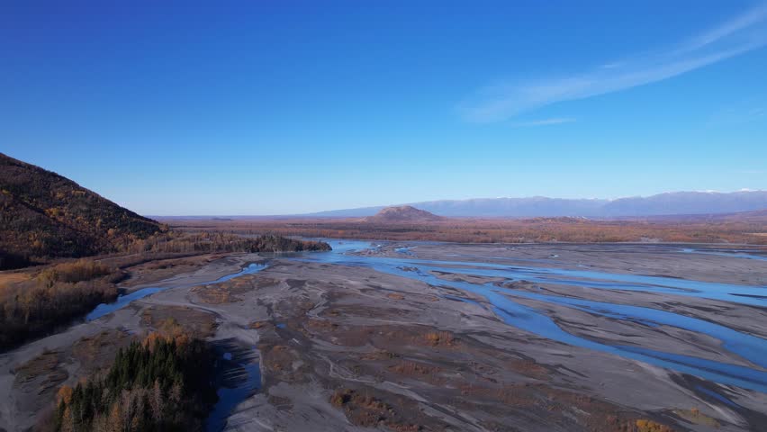 Beautiful Fall aerial footage. Knik River Valley. Palmer, Alaska. 4k 23.98 fps.