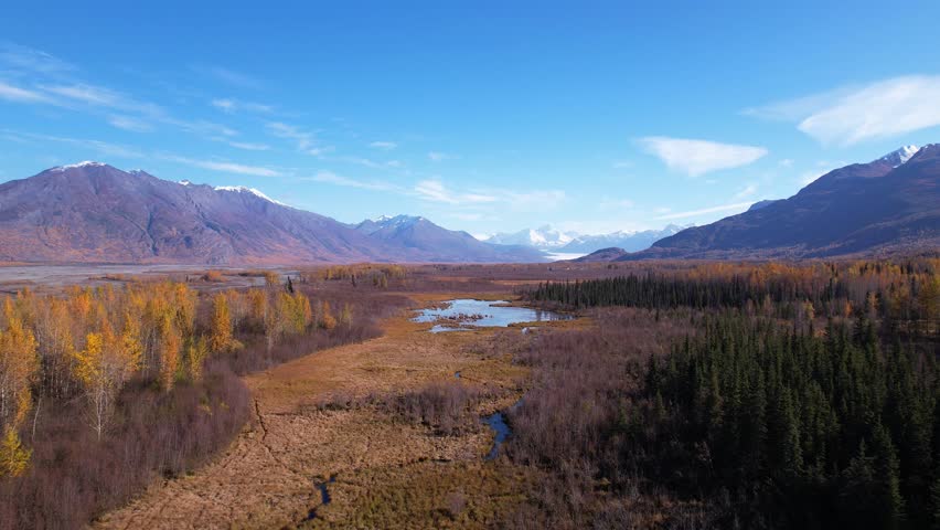 Beautiful Fall aerial footage. Knik River Valley. Palmer, Alaska. 4k 23.98 fps.