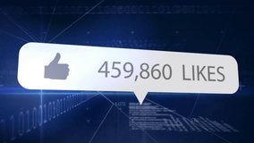 Animation of social media thumbs up and numbers over binary coding data processing. Global social media, business, connections, computing and data processing concept digitally generated video. - Powered by Shutterstock - Get 15% off with code: PIKWIZARD15