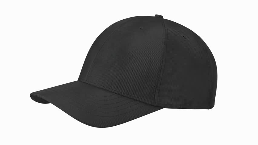 A black baseball cap displayed at an angle, showcasing its structured design and curved brim.