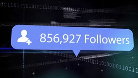 Animation of social media followers and numbers over binary coding data processing. Global social media, business, connections, computing and data processing concept digitally generated video. - Powered by Shutterstock - Get 15% off with code: PIKWIZARD15