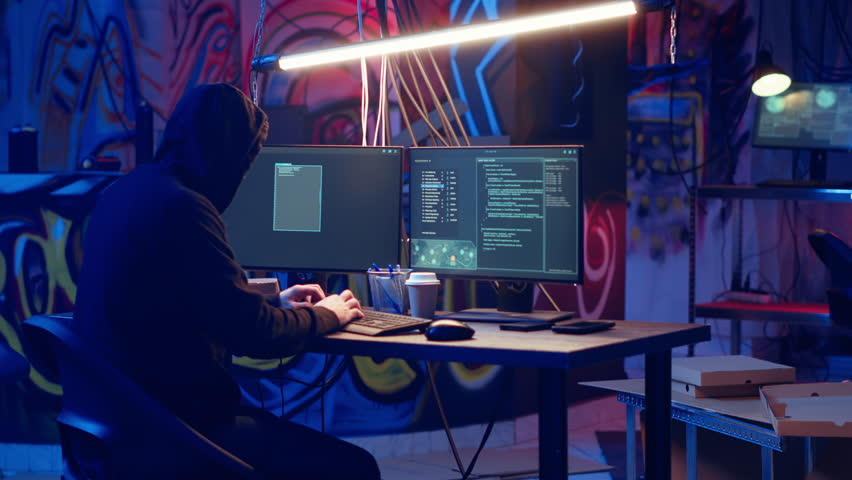 Hacker leaves secret base after finishing using exploits to break into computer systems and access valuable data, bypassing firewalls. Cybercriminal departing from underground bunker