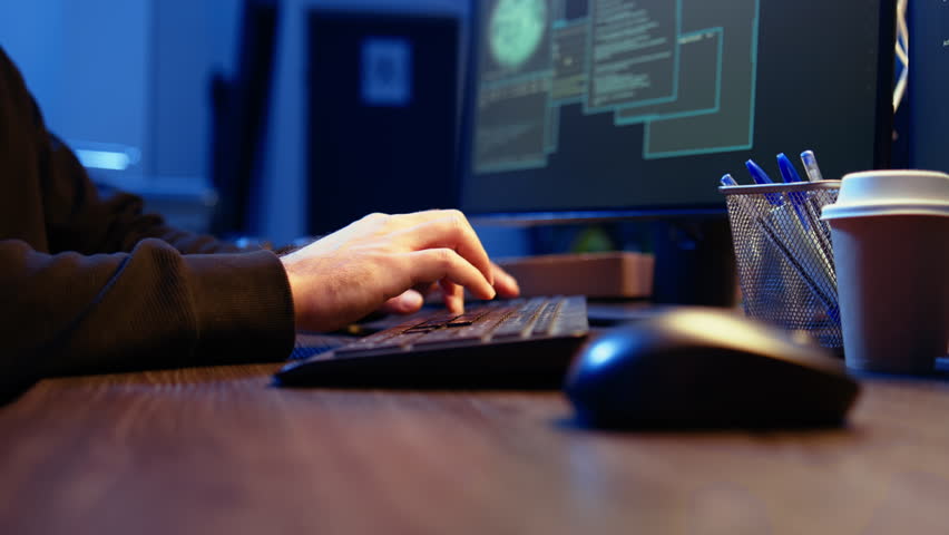 Meticulous hacker typing on computer keyboard, doing data breaches and financial theft in dark bunker. Close up shot on cybercriminal stealing users bank account credentials, camera A