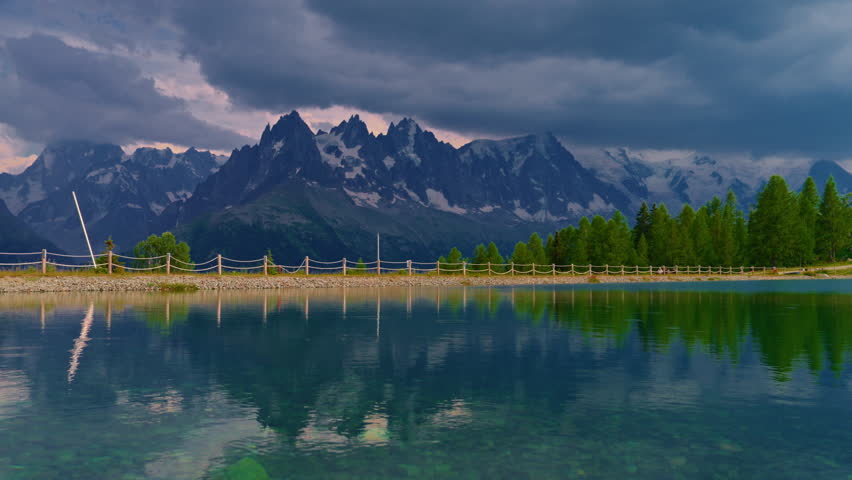  landscape of Lac Blanc with Mont Blanc massif on the lake among French Alps at Chamonix Mont Blanc, Haute Savoie, France.