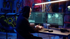 Hacker in dark underground warehouse trying to steal valuable data by targeting governmental websites but getting access denied error message, having cyber attacks rejected, dolly in close up shot - Powered by Shutterstock - Get 15% off with code: PIKWIZARD15