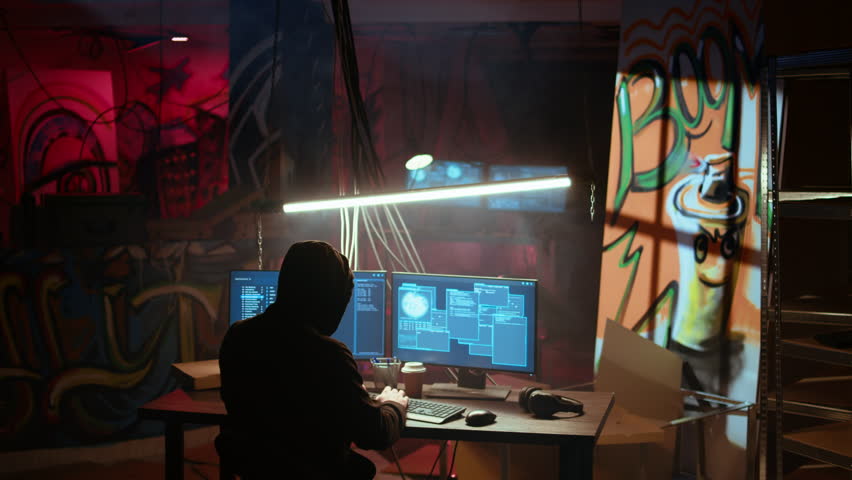 Hacker in hidden location with graffiti walls using PC to deploy malware on unsecured devices, stealing sensitive data from unaware users online and selling it on black market, jib down shot