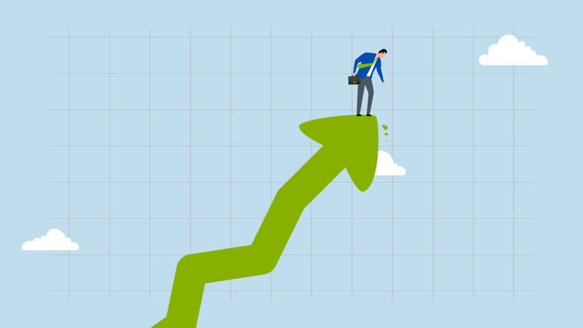 Fear of stock market, 4k animation of Businessman investor is at peak with soaring arrow, feeling anxious as he gazes downwards.