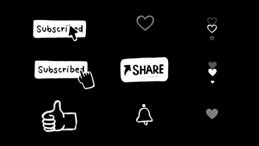 Set of Hand-Drawn social media animated Icons, white outline doodle scribble for content creators: Subscribe, Like, Heart, Bell, share, love. rendered on an alpha channel, transparent bg