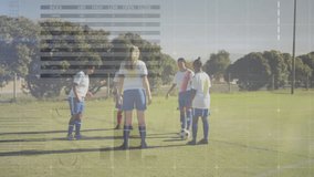 Animation of financial data processing over diverse female football players. Global sports, business, networks, connections, computing and data processing concept digitally generated video. - Powered by Shutterstock - Get 15% off with code: PIKWIZARD15