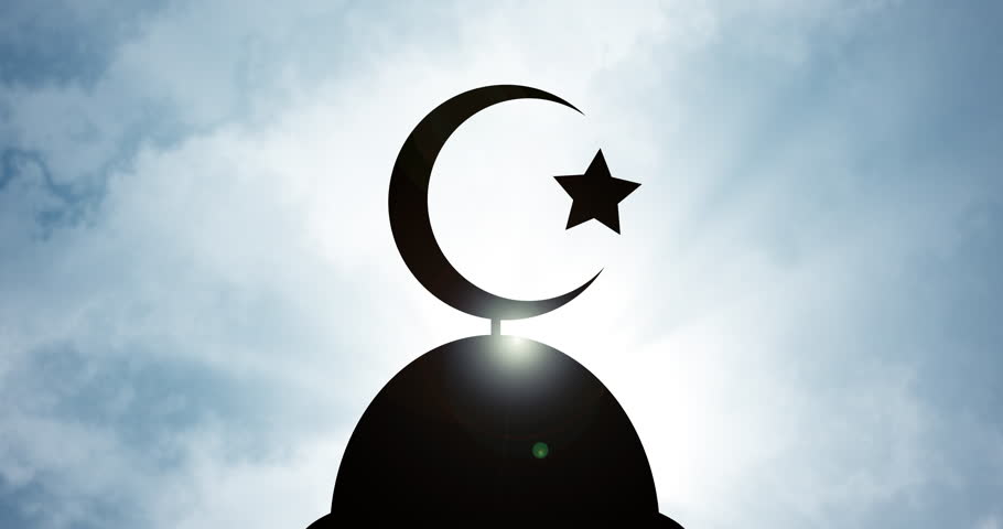 Islam, dome and silhouette of star crescent with blue sky for religious belief, spiritual faith and holy temple. Landmark, mosque and symbol of worship on roof with prayer building and architecture