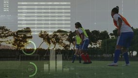Animation of financial data processing over diverse female football players. Global sports, business, networks, connections, computing and data processing concept digitally generated video. - Powered by Shutterstock - Get 15% off with code: PIKWIZARD15
