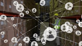 Animation of network of connections with icons over biracial man working in warehouse. Global shipping, business, networks and data processing concept digitally generated video. - Powered by Shutterstock - Get 15% off with code: PIKWIZARD15