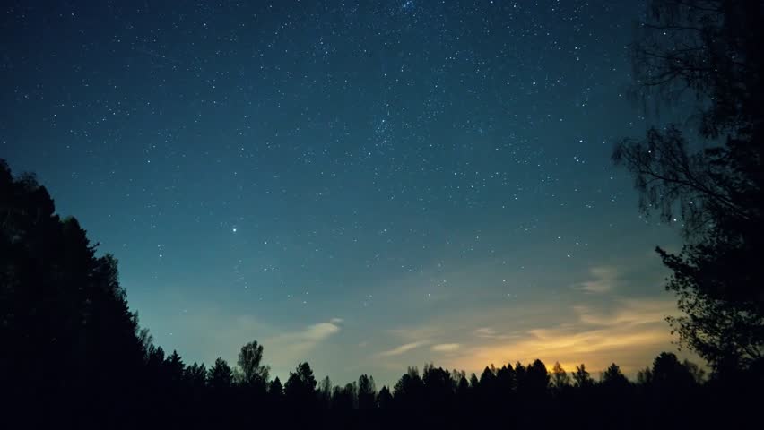 Bazhukovo, Russia. Starry sky with the North Star against the background of trees. Clouds disappear, stars appear, then the moon with fog. Then dawn in the haze., TimeLapse