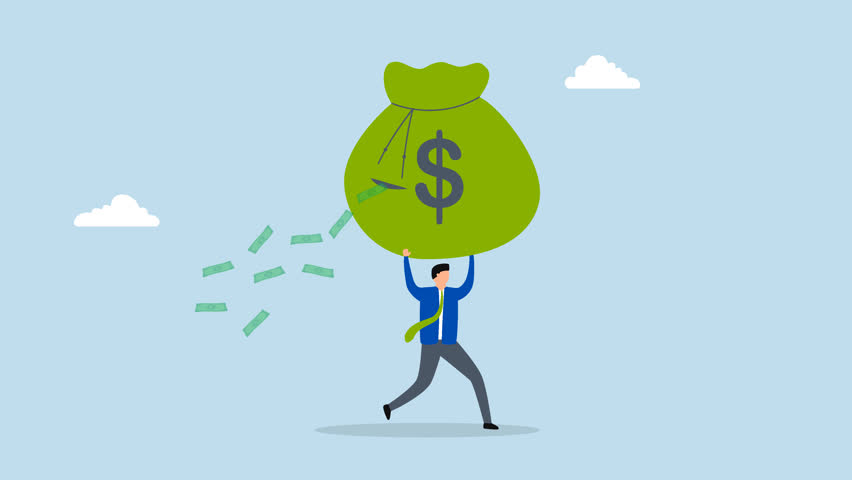 Lose money from investment mistake, 4k animation of businessman is carrying a large money bag that has a big hole, causing banknotes to fall out.