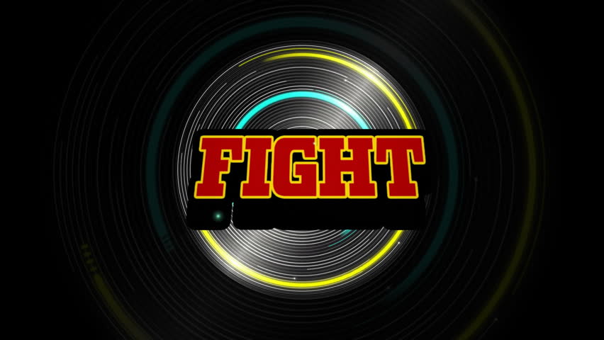 Animation of fight text and neon circle pattern on black background. Global video game, computing, data processing and connections concept digitally generated video. - Powered by Shutterstock - Get 15% off with code: PIKWIZARD15