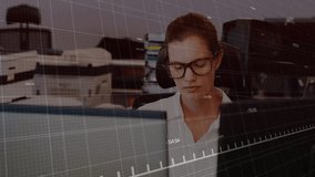 Animation of financial data processing over caucasian businesswoman in office. Global business, networks, computing, data processing and connections concept digitally generated video. - Powered by Shutterstock - Get 15% off with code: PIKWIZARD15