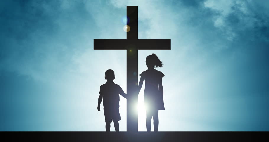 Children, silhouette and holding hands at cross for religion, faith and spiritual guidance in wallpaper animation. Family, love and Christian icon with shadow for worship, trust or hope with support