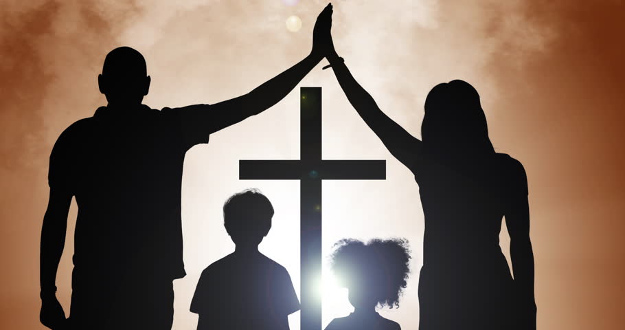 Christian, support and silhouette with cross and family for worship, spiritual guide and praise. God, prayer and faith with crucifix graphic and parents with children for soul, peace and respect