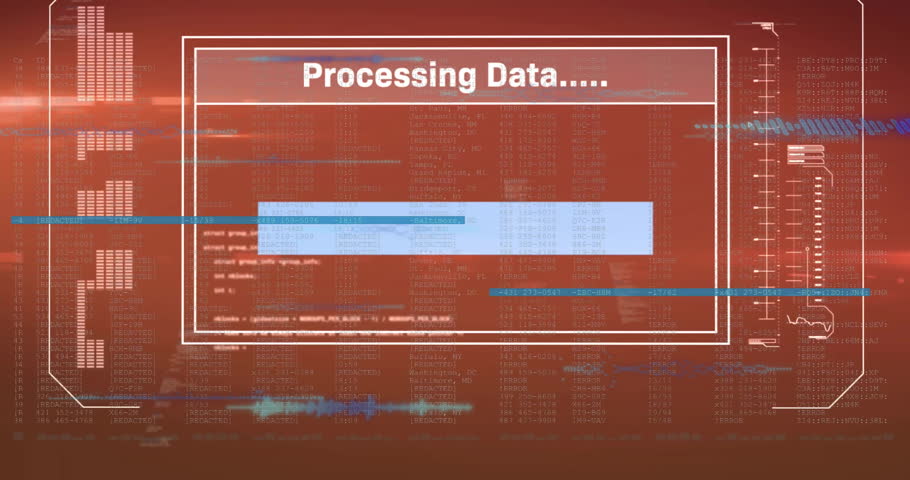 Animation of processing data text over data processing. Global cyber security, computing and data processing concept digitally generated video.
