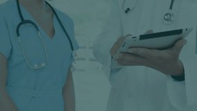 Animation of padlock icon over diverse doctors using tablet in hospital. Global cyber security, medicine and healthcare services concept digitally generated video. - Powered by Shutterstock - Get 15% off with code: PIKWIZARD15