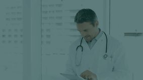 Animation of padlock icon over caucasian male doctor using tablet in hospital. Global cyber security, medicine and healthcare services concept digitally generated video. - Powered by Shutterstock - Get 15% off with code: PIKWIZARD15