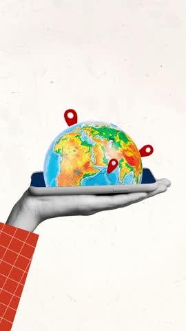 Motion collage video of hands hold phone screen globe map navigator travel delivery isolated on painted background