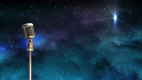 Animation of retro microphone with copy space over glowing stars on dark background. Vintage music, entertainment and colour concept digitally generated video. - Powered by Shutterstock - Get 15% off with code: PIKWIZARD15