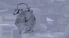 Animation of alarm clock moving fast over statistics and cityscape. Time, speed, productivity and business concept digitally generated video. - Powered by Shutterstock - Get 15% off with code: PIKWIZARD15
