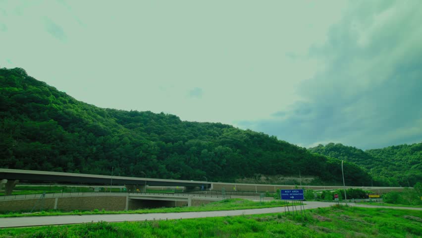 Scenic Highway Overpass with Rest Area Sign. Welcome center at La crosse MN, USA